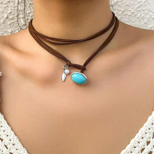 Bohemian Leather Rope Turquoise Pendant Necklace