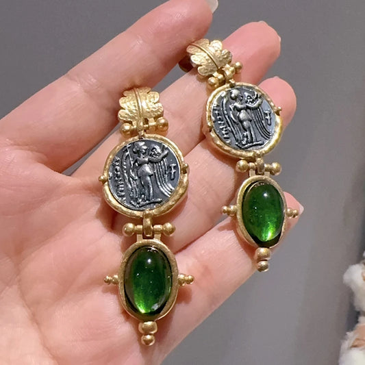 Vintage Emerald Green Oval Natural Stone Earrings