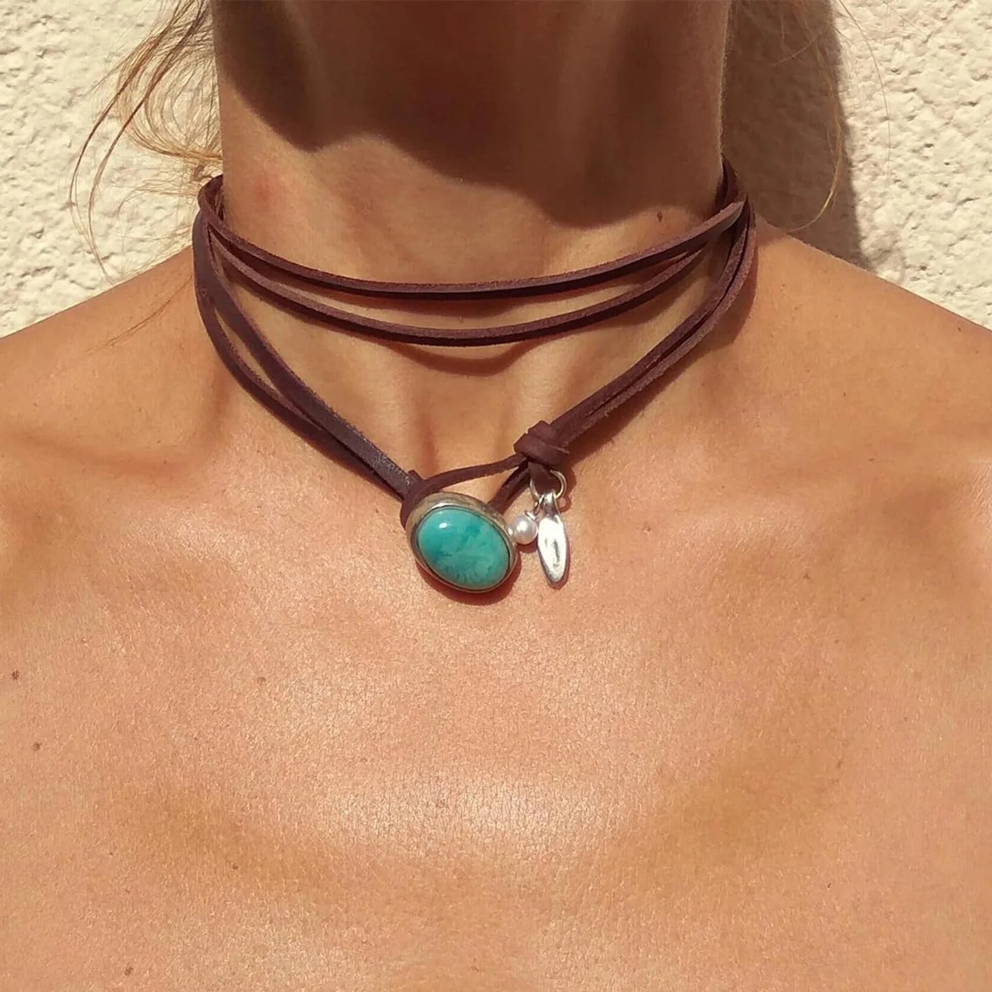 Bohemian Leather Rope Turquoise Pendant Necklace