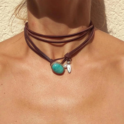 Bohemian Leather Rope Turquoise Pendant Necklace