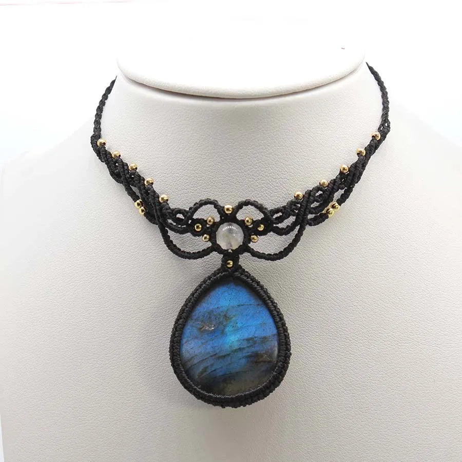 Handmade Rope Braided Macrame Crystal Stone Pendant