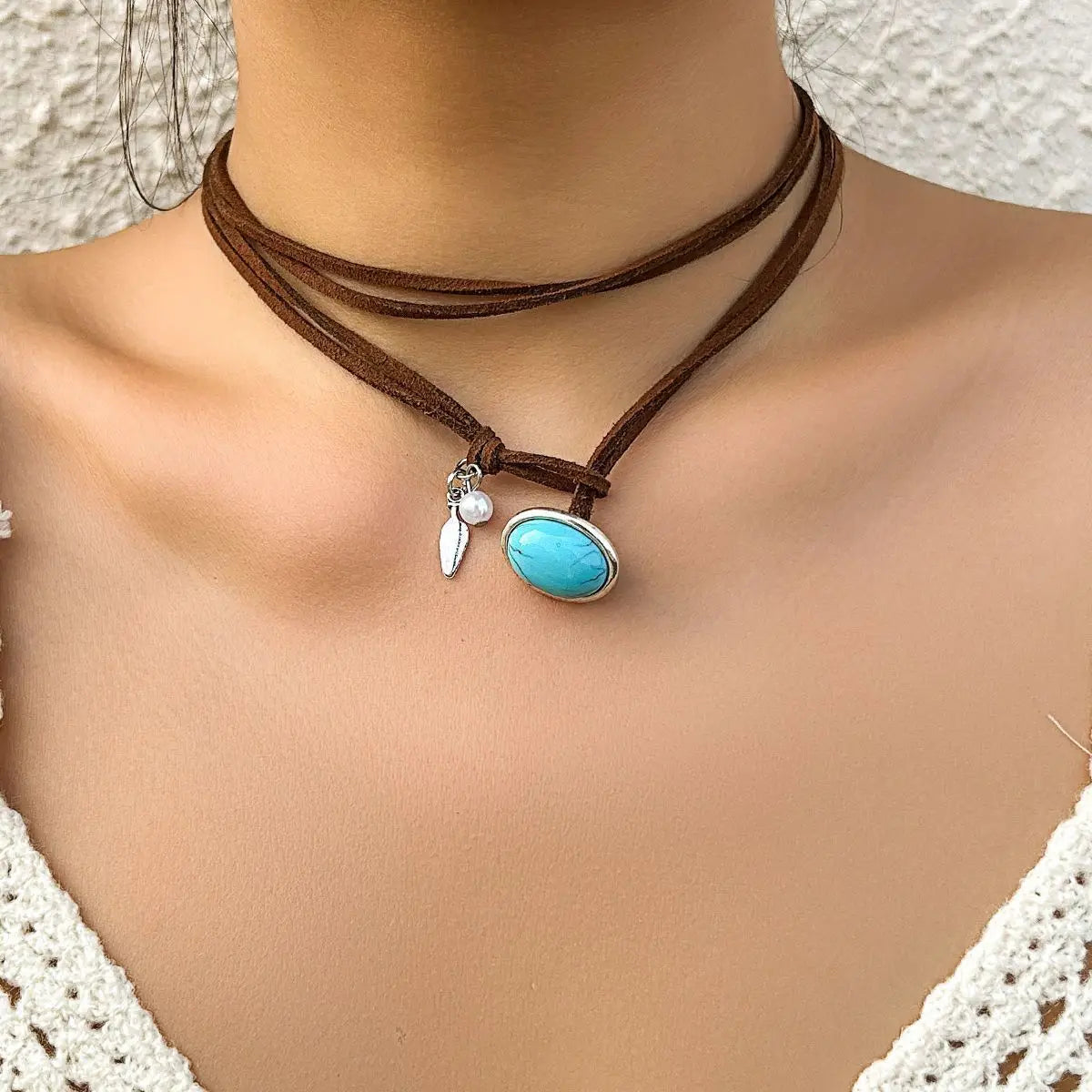 Bohemian Leather Rope Turquoise Pendant Necklace